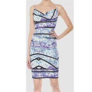 Nicole Miller Womens Blue Carly Printed Tuck Sleeveless Sheath Dress